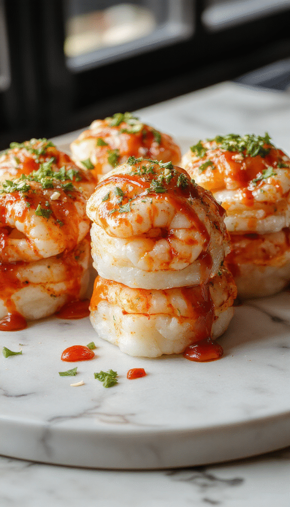 Colorful presentation of Spicy Shrimp Sushi Stacks featuring vibrant orange and pink cooked shrimp, neatly layered atop white sushi rice, garnished with green scallions and a drizzle of spicy mayo, all arranged on a sleek white plate with a touch of sesame seeds and nori flakes, styled for a modern, fresh look