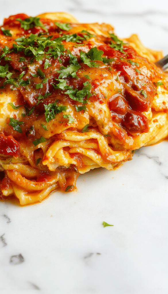 A vibrant plate of spicy southern chicken spaghetti casserole featuring tender shredded chicken coated in a spicy tomato sauce, topped with melted cheese and garnished with fresh herbs. The dish is presented on a rustic wooden table with a side of green salad and crusty bread, highlighting the warm, inviting textures and bold colors of the casserole.