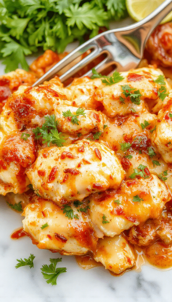 A vibrant skillet dish featuring golden-brown chicken breasts topped with melted cheddar and pepper jack cheese, colorful bell peppers, corn, black beans, and fresh cilantro, all arranged beautifully on a rustic skillet with a background of vibrant red and green spices.