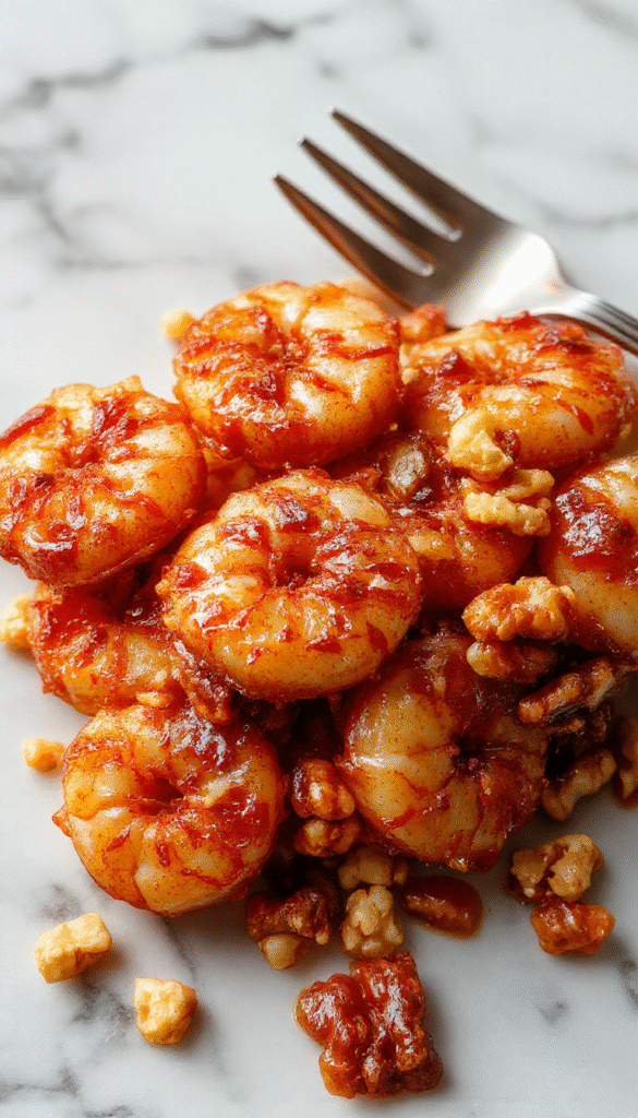 A vibrant plate of honey walnut shrimp featuring golden-brown, crispy shrimp coated in a glossy honey sauce, topped with toasted walnuts and garnished with fresh green herbs, served on a white elegant plate with a colorful background and a sprig of cilantro.