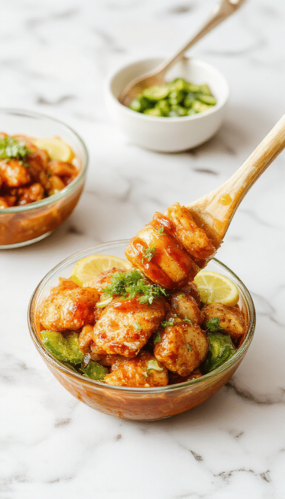 A vibrant hot honey chicken bowl featuring crispy golden chicken pieces drizzled with glossy, fiery hot honey sauce. The bowl is colorful with fresh green herbs, red chili flakes, and sweet corn kernels, all arranged beautifully on a rustic wooden table with a light background, showcasing the textures of crispy chicken, melted honey, and fresh toppings.