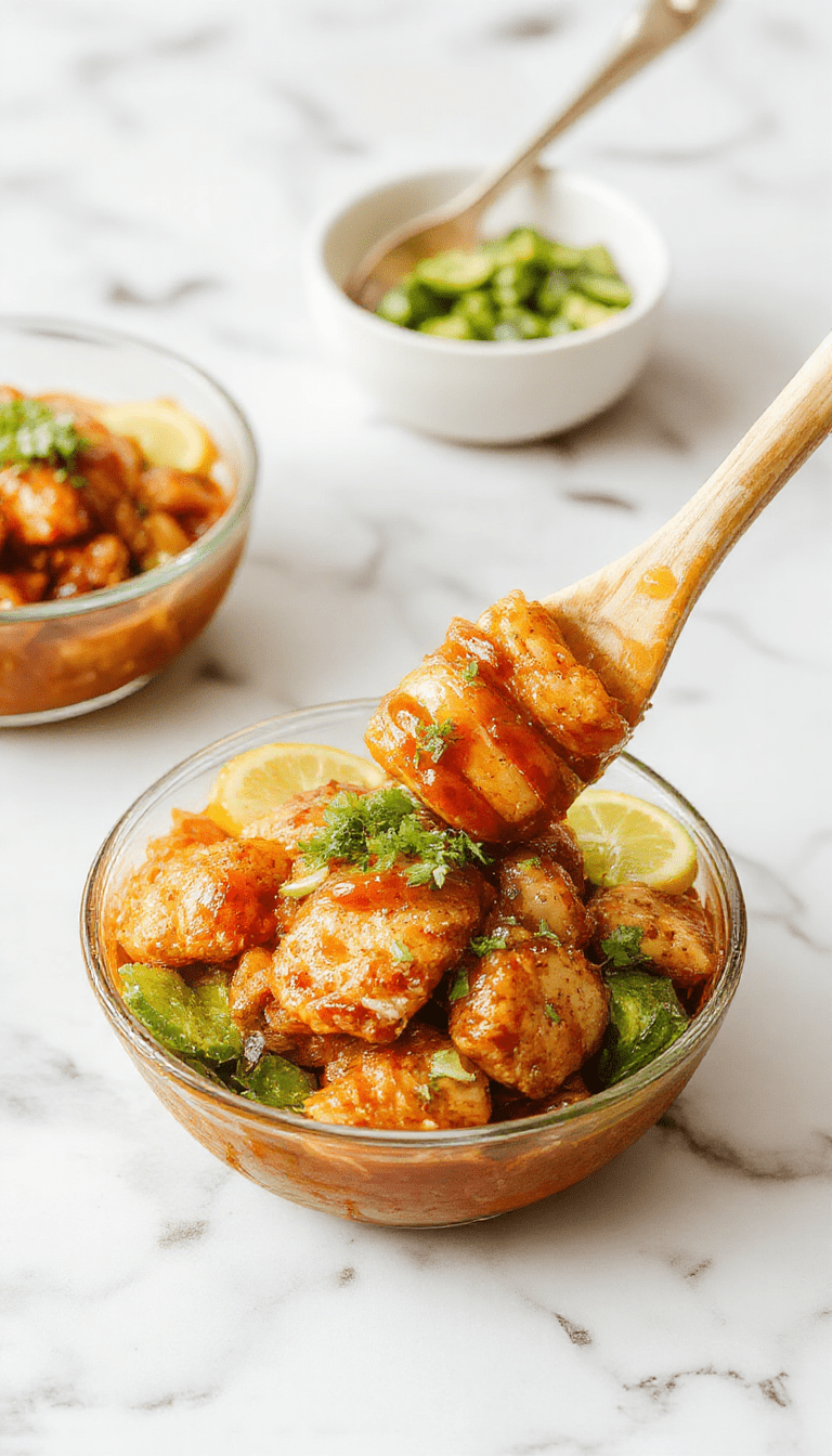 A vibrant hot honey chicken bowl featuring crispy golden chicken pieces drizzled with glossy, fiery hot honey sauce. The bowl is colorful with fresh green herbs, red chili flakes, and sweet corn kernels, all arranged beautifully on a rustic wooden table with a light background, showcasing the textures of crispy chicken, melted honey, and fresh toppings.
