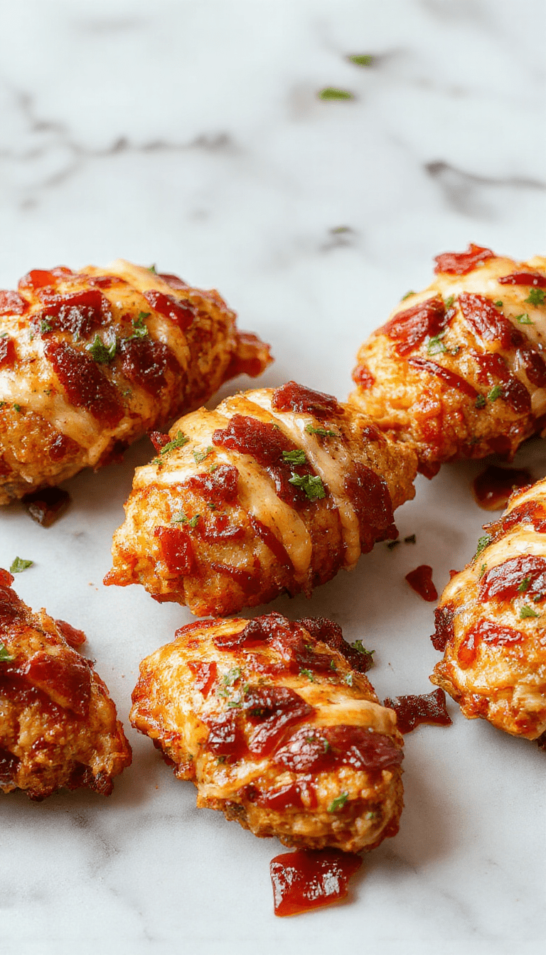 A close-up of glazed chicken tenders topped with crispy bacon bits and a drizzle of brown sugar glaze on a rustic wooden platter, garnished with fresh herbs and accompanied by colorful side vegetables, vibrant and appetizing with a glossy, caramelized finish.