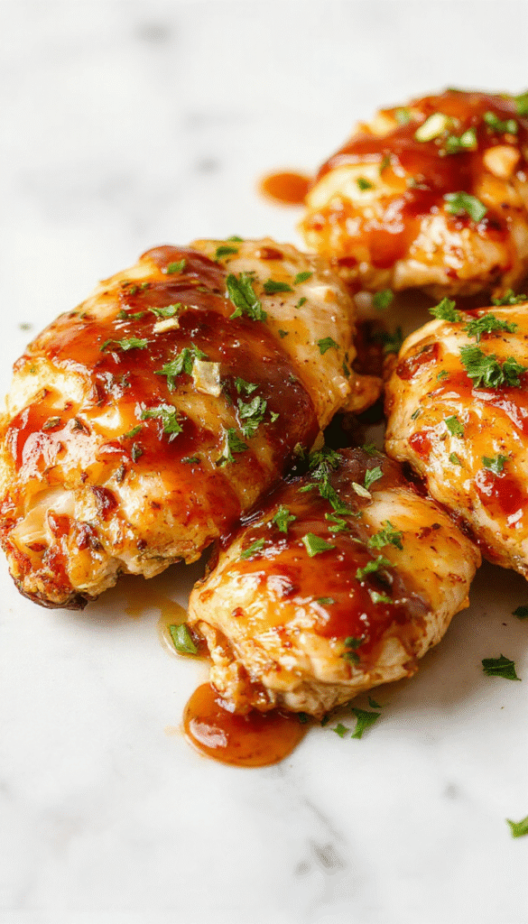 A vibrant plate of golden-brown grilled chicken breasts glazed with a glossy honey garlic sauce, garnished with fresh parsley and minced garlic, served on a rustic white platter with lemon wedges and side vegetables, creating an inviting and appetizing presentation with rich textures and bright colors.