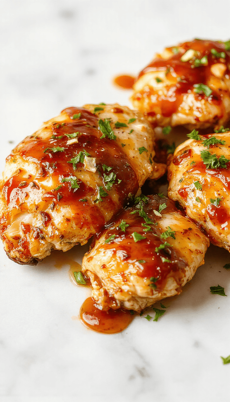 A vibrant plate of golden-brown grilled chicken breasts glazed with a glossy honey garlic sauce, garnished with fresh parsley and minced garlic, served on a rustic white platter with lemon wedges and side vegetables, creating an inviting and appetizing presentation with rich textures and bright colors.