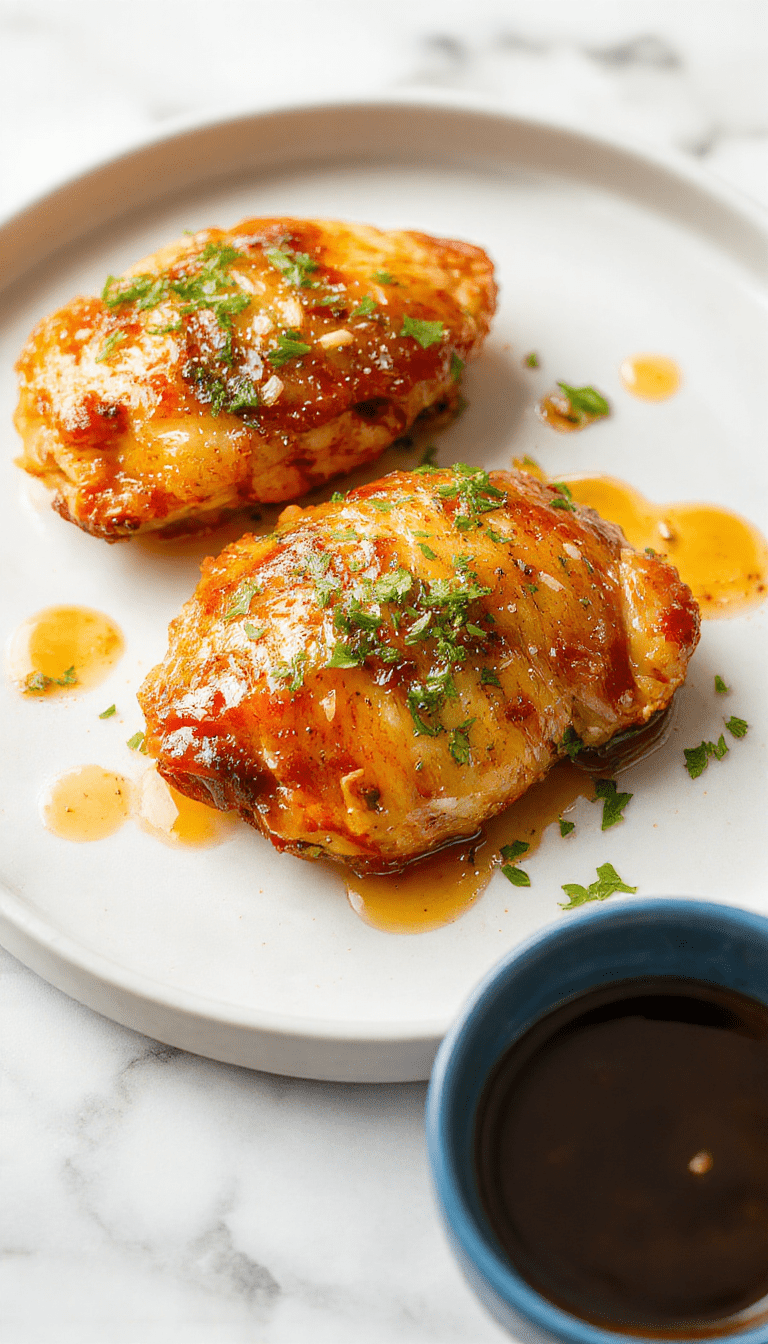 A close-up of juicy golden-brown chicken thighs glazed with a glossy honey garlic sauce, garnished with fresh herbs, served on a rustic white plate with a drizzle of sauce and sprinkled sesame seeds, set on a wooden table.