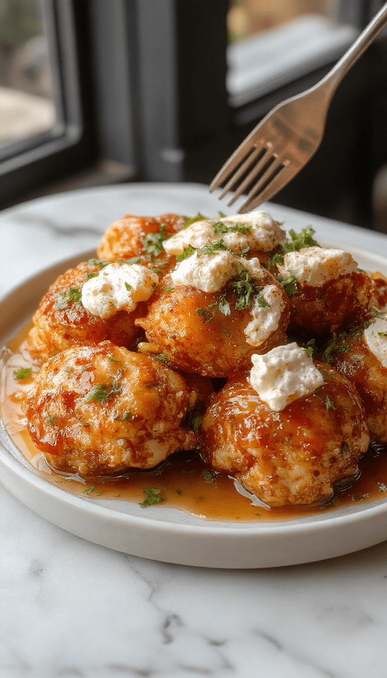 A vibrant plate of golden-brown chicken topped with crumbled feta cheese and drizzled with glossy hot honey. The dish is garnished with fresh herbs and served on a rustic wooden board, showcasing a colorful mix of textures and flavors. The background features a softly blurred farmhouse-style setting, emphasizing an inviting and appetizing presentation.