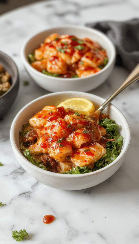 Vibrant salmon fillets glazed in a glossy honey and sriracha sauce rest atop a colorful bowl filled with fresh greens, cherry tomatoes, and rice. The dish is styled on a rustic wooden table with a drizzle of sauce and sesame seeds sprinkled on top, showcasing a perfect balance of spicy, sweet, and savory textures with a glossy, tender salmon filet and crisp vegetables.