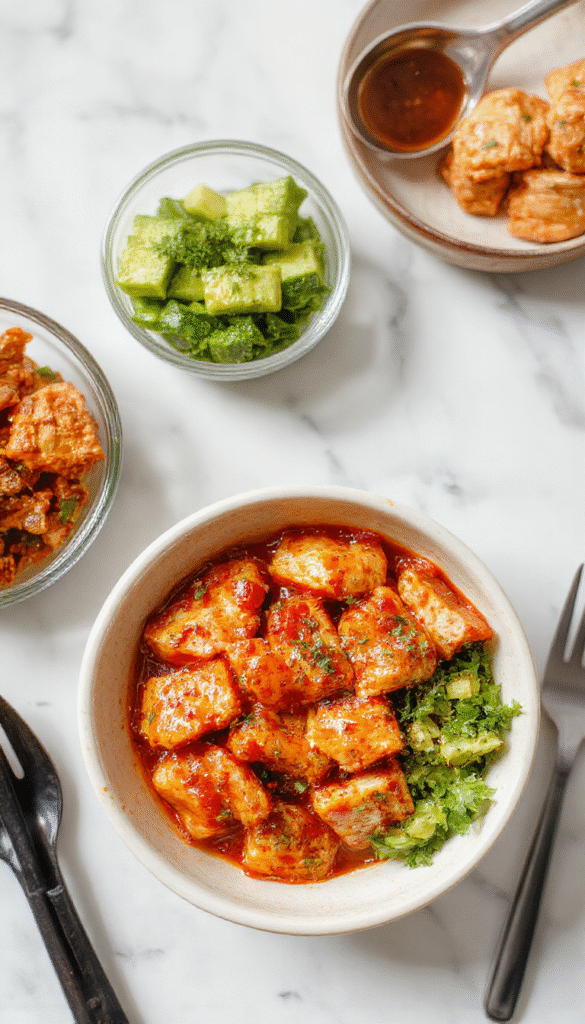 A vibrant chicken bowl featuring crispy fried chicken glazed with glossy hot honey, garnished with sliced green onions and chili flakes, served over a bed of fluffy rice with colorful vegetables, styled on a rustic wooden table.