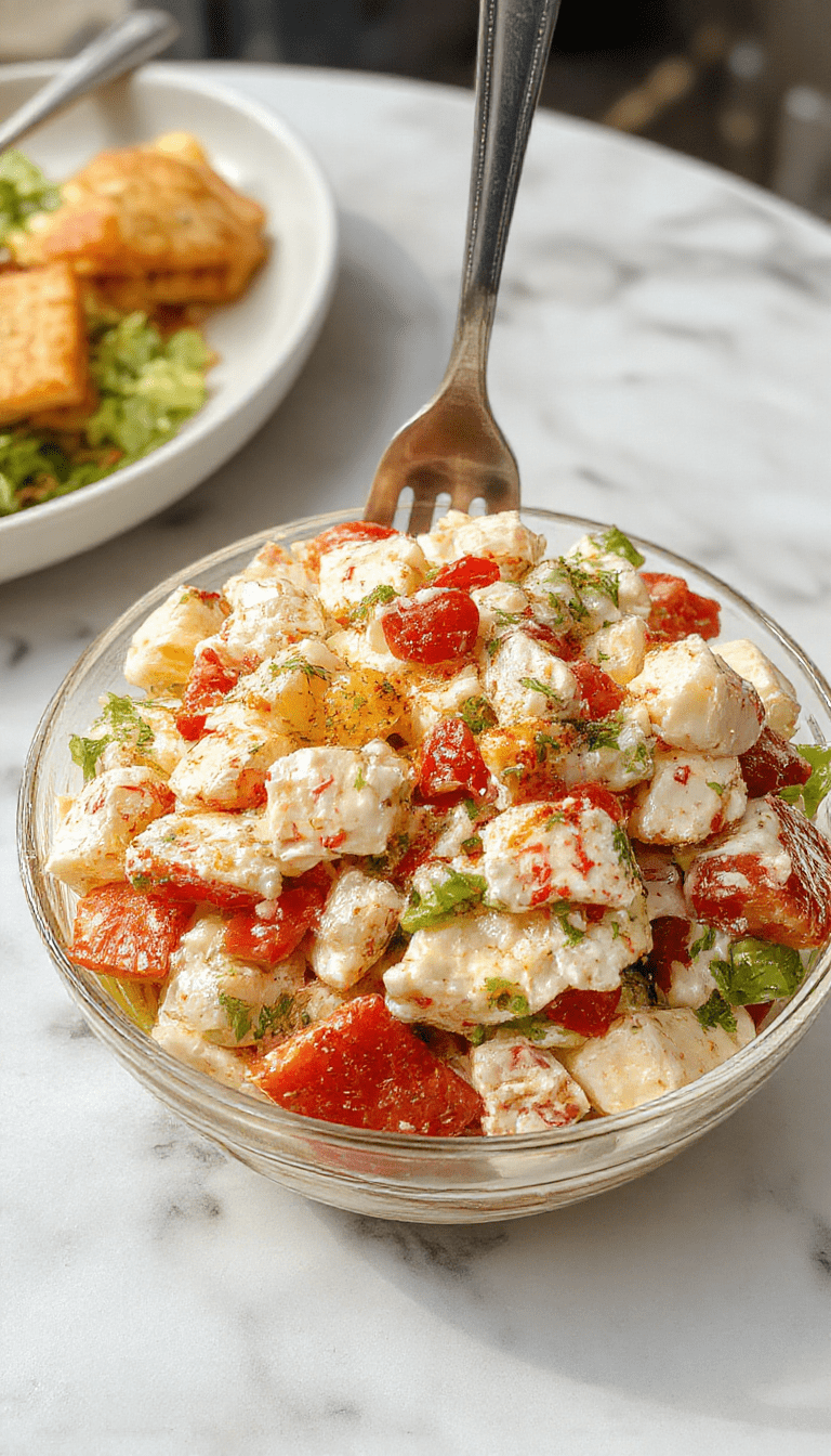 A vibrant crab salad served in a clear glass bowl, showcasing flaky white crab meat mixed with chopped vegetables and fresh herbs, topped with lemon slices and sprinkled with chopped parsley, all on a rustic wooden table with colorful accents and a fork on the side.