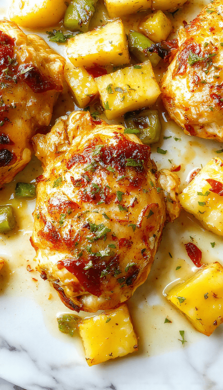 Colorful sheet pan Hawaiian chicken with golden-brown roasted chicken pieces, juicy pineapple chunks, vibrant red and green peppers, garnished with fresh herbs, arranged on a rustic wooden board with a tropical backdrop, showcasing crispy textures and juicy ingredients