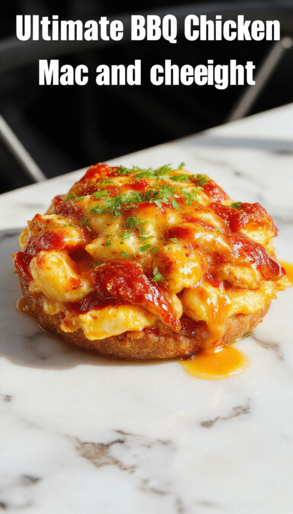 A vibrant plate of BBQ chicken mac and cheese featuring tender grilled chicken pieces atop cheesy, creamy macaroni, garnished with chopped green herbs and melted cheese, styled on a rustic wooden table with a side of fresh salad.