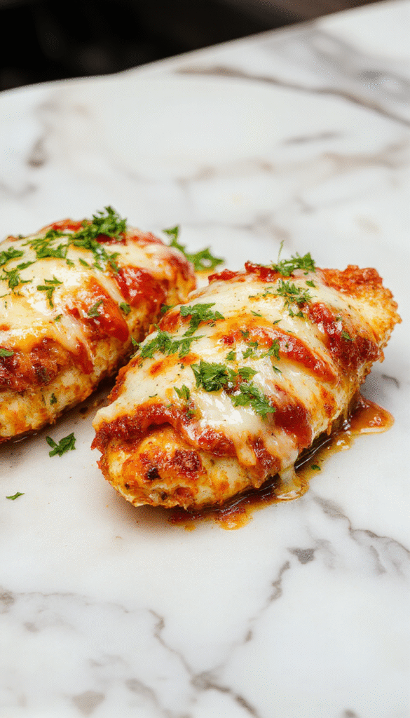 A close-up of a golden baked chicken parmesan dish with crispy breaded chicken topped with melted marinara sauce and gooey melted mozzarella cheese, garnished with fresh basil leaves on a rustic wooden plate, with a vibrant red sauce, crispy edges, and a sprinkle of parmesan cheese, styled elegantly with a fork and a side of spaghetti.