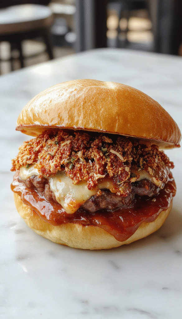 A close-up of a delicious crack burger on a plate, showing a juicy beef patty topped with melted cheese, crispy bacon, lettuce, tomato, and pickles, all nestled in a toasted bun with sesame seeds, with golden crispy fries on the side and fresh condiments nearby