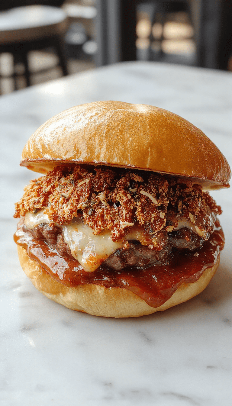 A close-up of a delicious crack burger on a plate, showing a juicy beef patty topped with melted cheese, crispy bacon, lettuce, tomato, and pickles, all nestled in a toasted bun with sesame seeds, with golden crispy fries on the side and fresh condiments nearby