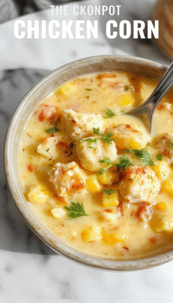 A steaming bowl of creamy chicken corn chowder garnished with chopped parsley and cracked black pepper, served on a rustic wooden table with toasty bread on the side, vibrant yellow corn and tender chicken chunks visible amidst a rich, velvety broth