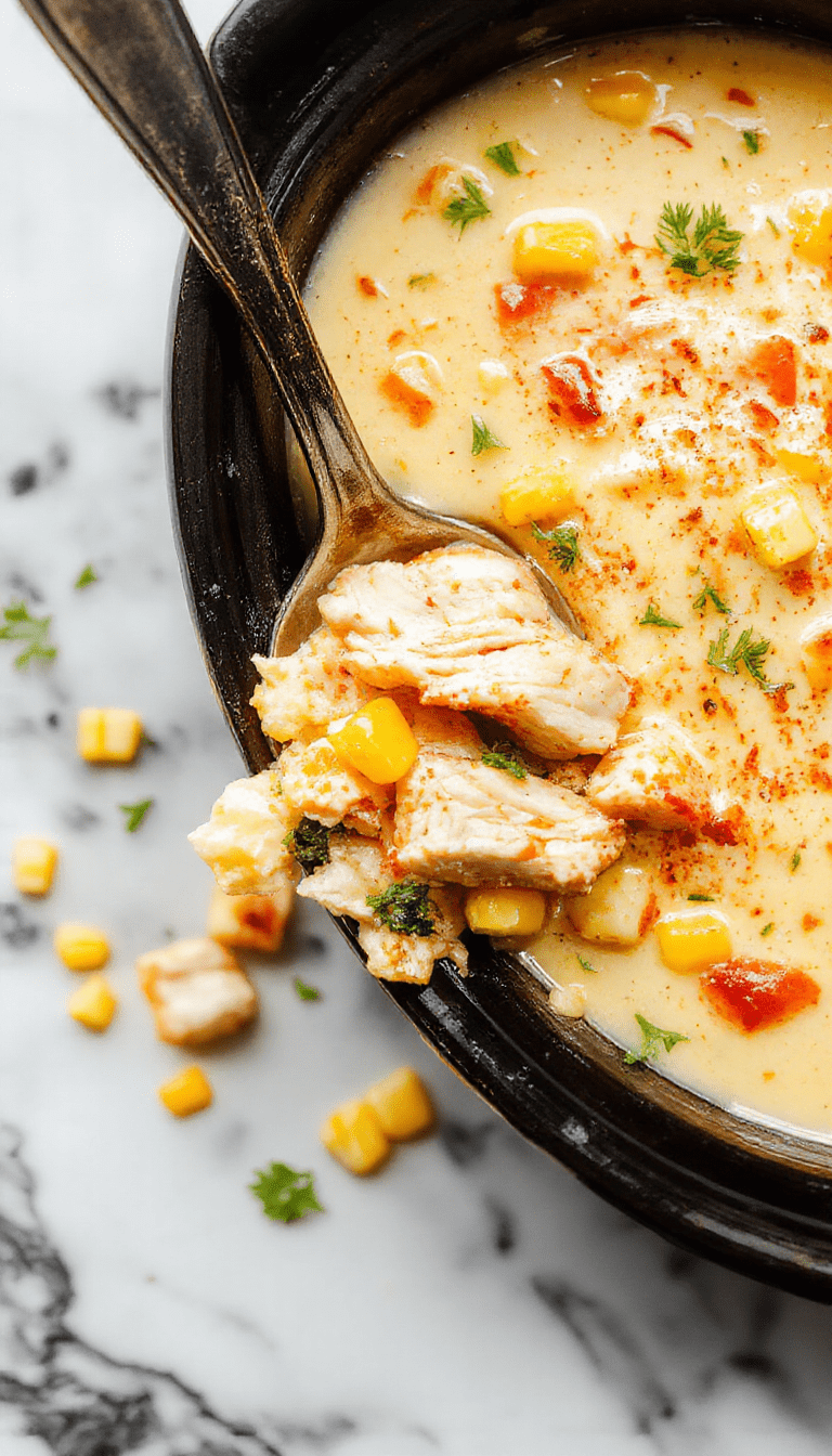 A rich, creamy chicken corn chowder served in a rustic white bowl, topped with chopped green onions and shredded cheese. The chowder has a golden-yellow color with chunks of tender chicken, sweet corn kernels, and a smooth, velvety texture. The bowl is placed on a wooden surface with a sprig of fresh herbs and a spoon beside it, evoking warmth and comfort.