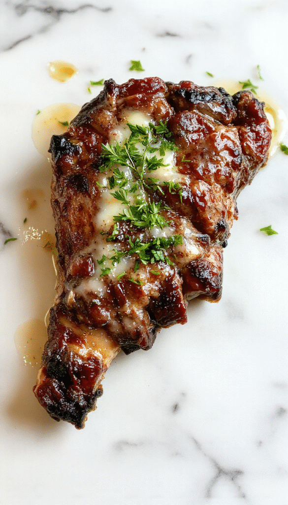 A close-up of perfectly cooked garlic butter steak resting on a rustic wooden board, topped with fresh parsley, showcasing a golden-brown crust, juicy interior, and melted garlic butter glistening on top, complemented by vibrant green herbs and a side of roasted vegetables.