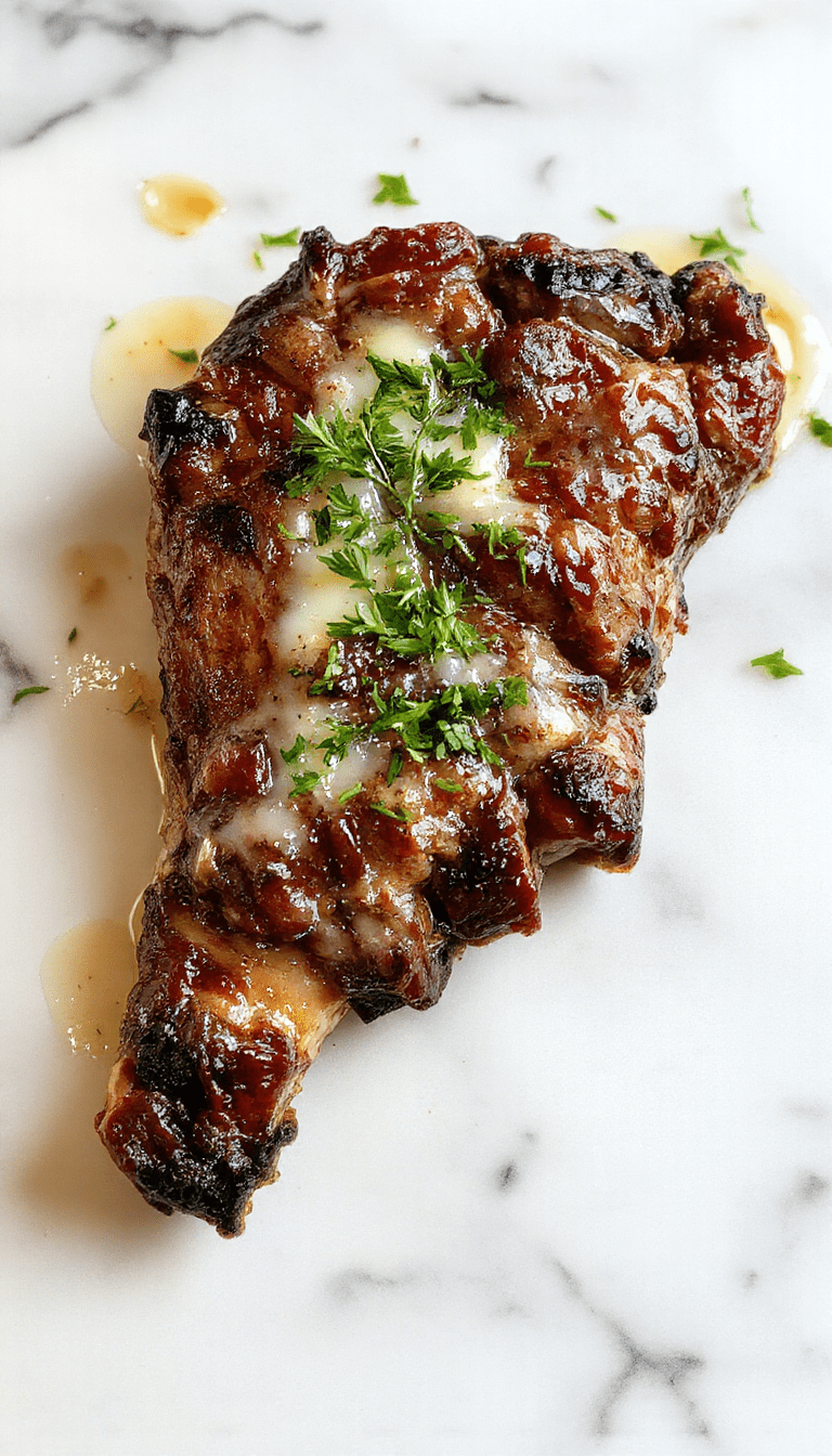 A close-up of perfectly cooked garlic butter steak resting on a rustic wooden board, topped with fresh parsley, showcasing a golden-brown crust, juicy interior, and melted garlic butter glistening on top, complemented by vibrant green herbs and a side of roasted vegetables.