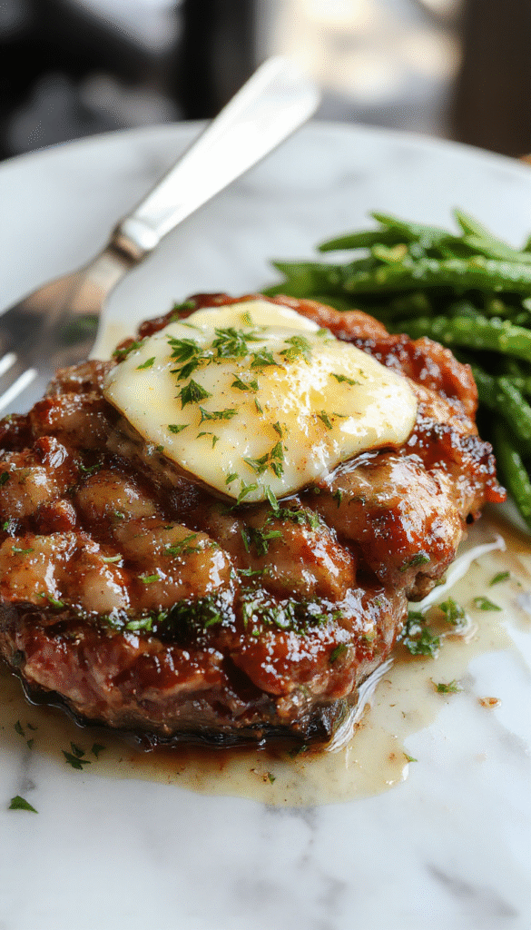 A perfectly cooked steak glazed with golden garlic butter sits atop a rustic wooden board. The steak has a juicy, tender interior visible through a slight cross-section, and is garnished with fresh parsley. The background features a blurred setting with garlic cloves, melted butter, and herbs, emphasizing a savory, mouthwatering scene with rich, warm tones and glossy textures.
