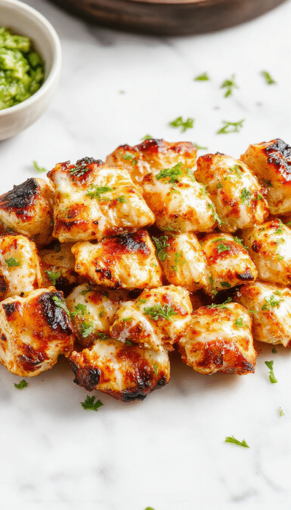 Colorful grilled chicken skewers arranged on a white plate with a side of fresh herbs, showcasing golden-brown grilled chicken pieces coated in creamy ranch and herbs, with a sprinkle of parmesan cheese and visible garlic slices, styled with fresh greens and a rustic wooden background