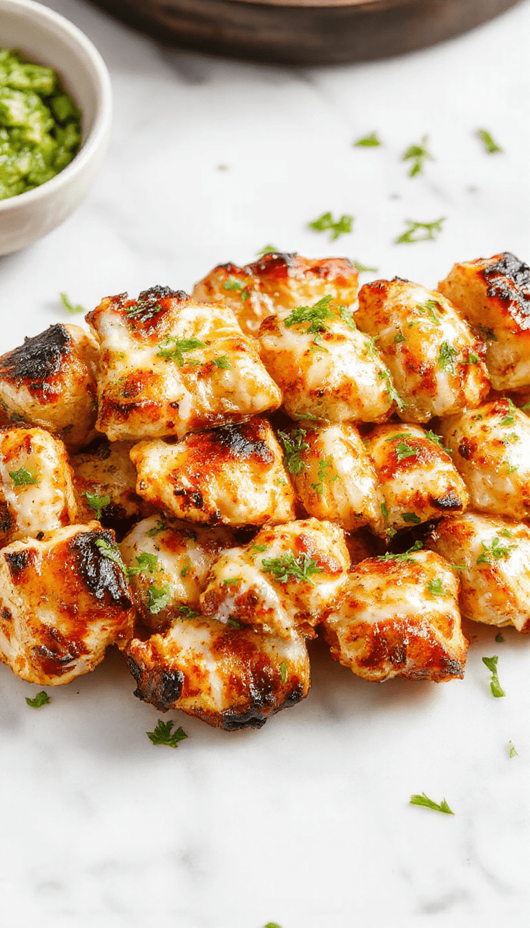 Colorful grilled chicken skewers arranged on a white plate with a side of fresh herbs, showcasing golden-brown grilled chicken pieces coated in creamy ranch and herbs, with a sprinkle of parmesan cheese and visible garlic slices, styled with fresh greens and a rustic wooden background