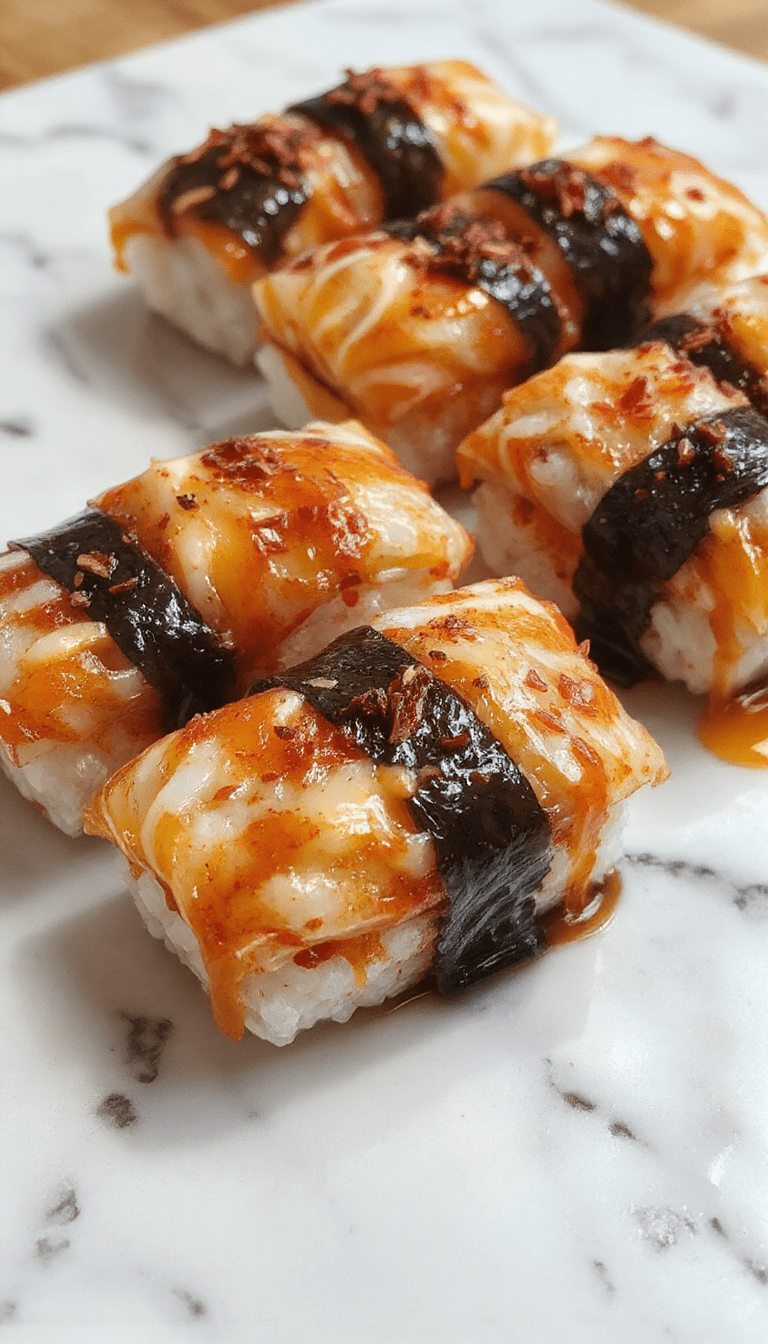A vibrant sushi bake served hot on a white ceramic plate, topped with bright orange slices of fish, green avocado, and sprinkled with sesame seeds. The dish showcases layered rice, seafood, and spicy mayo, with a side of pickled ginger and wasabi. The background features a rustic wooden table and chopsticks, highlighting a colorful, textured presentation appealing for Japanese-inspired comfort food.