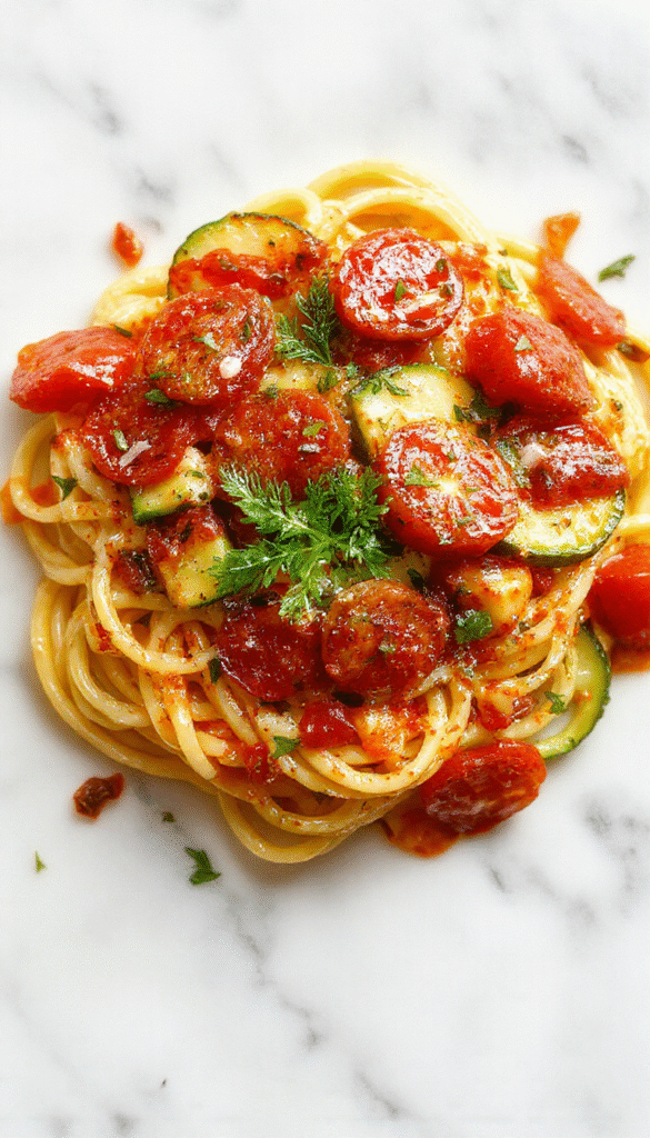 A colorful plate of tomato zucchini pasta featuring spiralized zucchini noodles coated in a bright red tomato sauce, garnished with fresh basil leaves and grated cheese, with a rustic wooden background and vibrant vegetables emphasizing freshness and flavor.