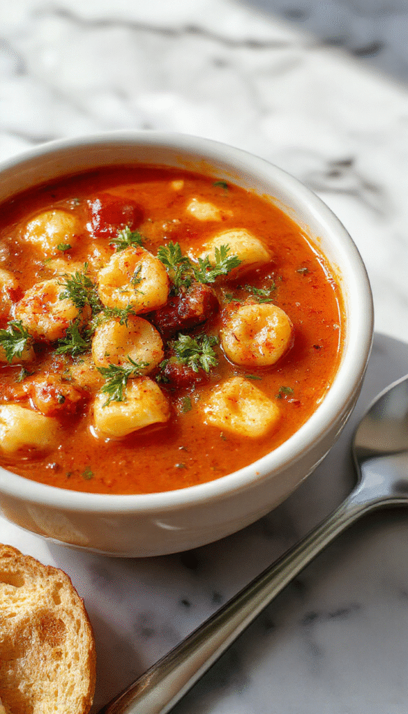 A vibrant bowl of tomato tortellini soup featuring plump tortellini pasta floating in rich red tomato broth, garnished with fresh basil and a sprinkle of grated cheese, served in a rustic white bowl on a wooden table with a side of crusty bread.