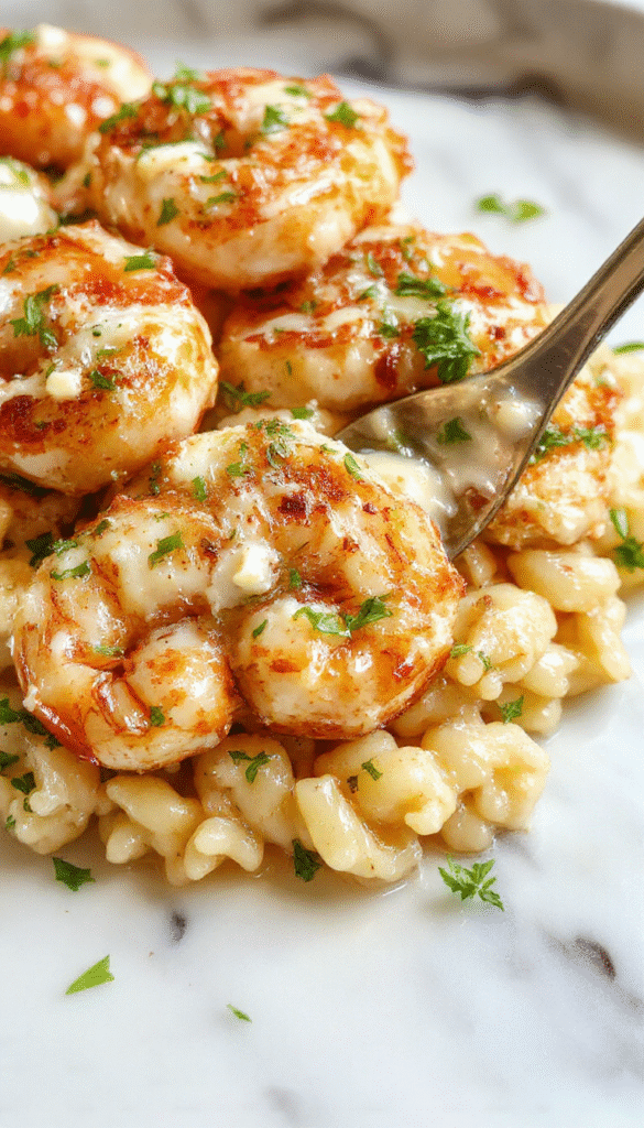 A vibrant plate featuring succulent shrimp atop creamy orzo pasta, garnished with crumbles of white feta cheese and fresh lemon zest, set on a white ceramic plate with a sprig of parsley, illuminated by natural light highlighting the golden textures and bright colors.