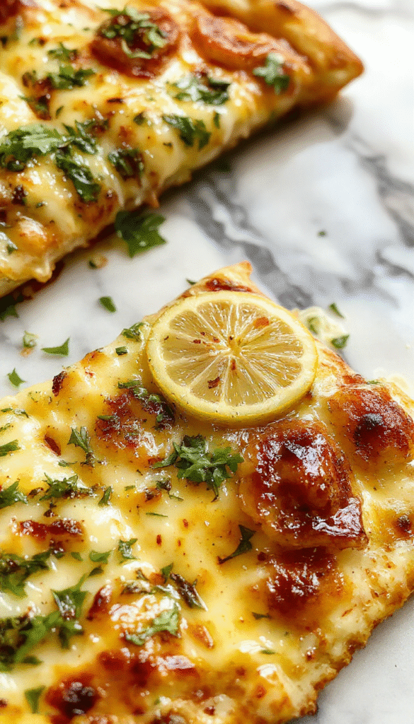 A vibrant lemon pizza garnished with fresh herbs, golden crust, topped with lemon slices, sprinkled with green herbs, presented on a rustic wooden board with a drizzle of olive oil
