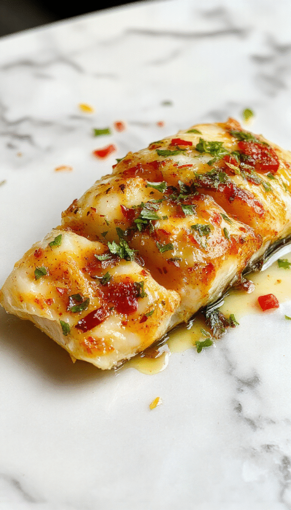 Colorful image of a plated tilapia fillet topped with vibrant roasted red and yellow peppers, garnished with fresh herbs, set on a rustic white plate with a drizzle of sauce, against a dark wooden background highlighting the flaky fish and smoky peppers.