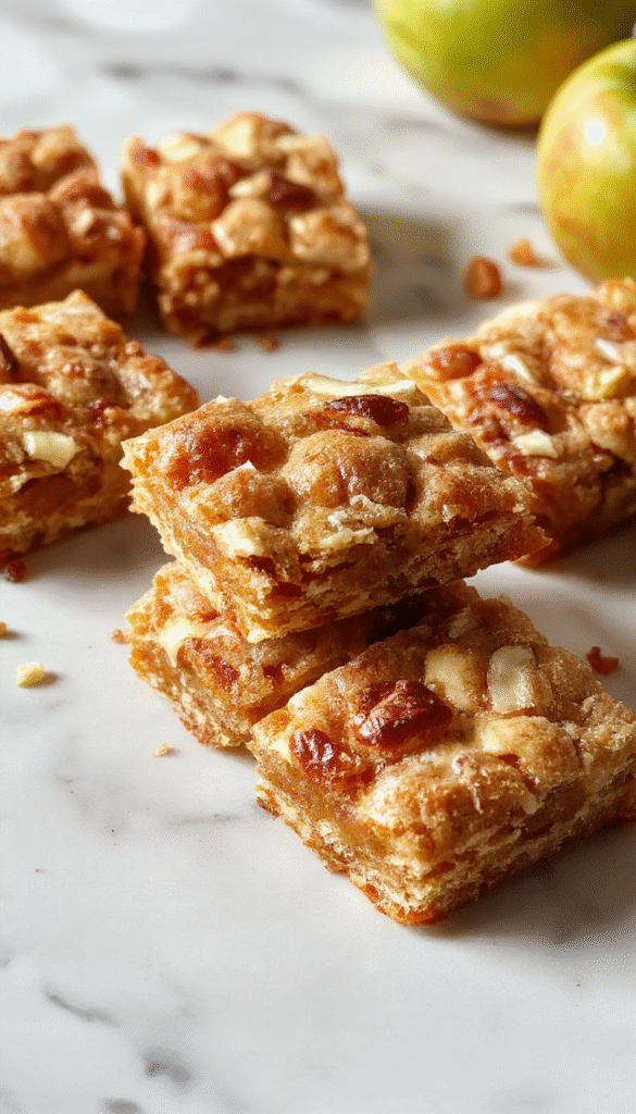 A vibrant display of apple crisp shortbread bars arranged on a rustic white plate, showcasing golden-brown shortbread crust topped with caramelized apple slices and a crumbly cinnamon streusel. The bars are garnished with a dusting of powdered sugar, and the background features a cozy autumn setting with fresh apple slices and cinnamon sticks, highlighting textures and warm colors.