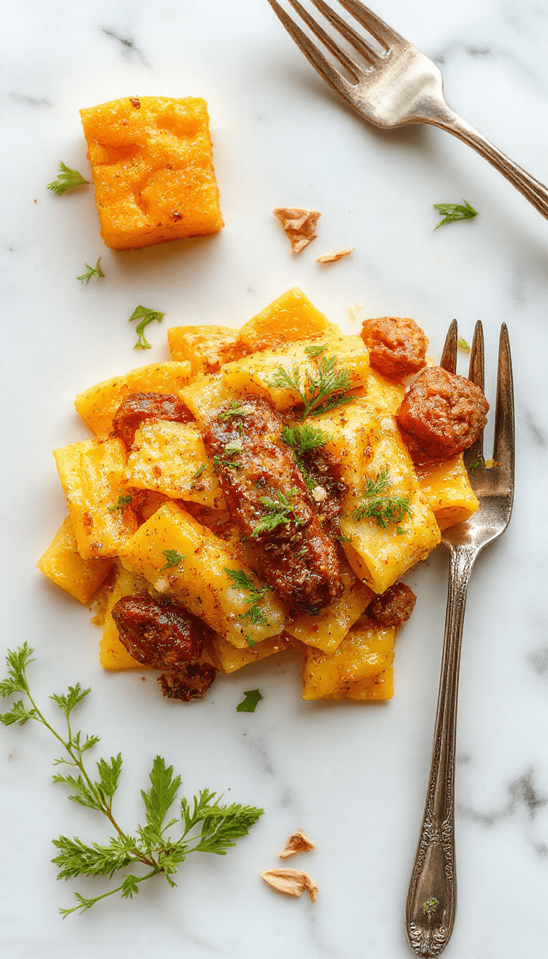 A vibrant plate of autumn sausage pasta with roasted squash, garnished with fresh herbs, served on a rustic wooden table with fall-themed decorations, showcasing the colorful textures of the ingredients.