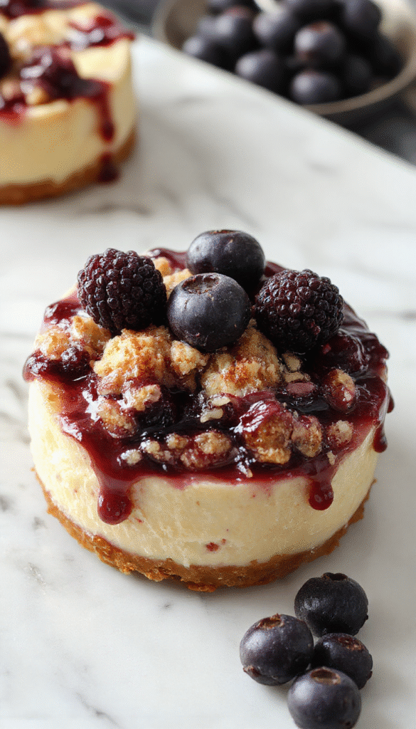 A vibrant blueberry crumble cheesecake on a white plate, topped with a golden crumble crust, fresh blueberries, and a drizzle of blueberry sauce. The cheesecake has a creamy texture with a crunchy topping, garnished with mint leaves for decoration, set against a rustic wooden background with soft lighting enhancing the blue and golden tones.
