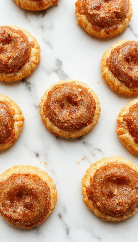 Colorful close-up of Brown Sugar Pop Tart Cookies arranged on a rustic wooden plate with a flaky golden crust, drizzled with glossy caramel glaze, topped with sugar crystals, and set against a pastel background with scattered sprinkles and baking utensils.