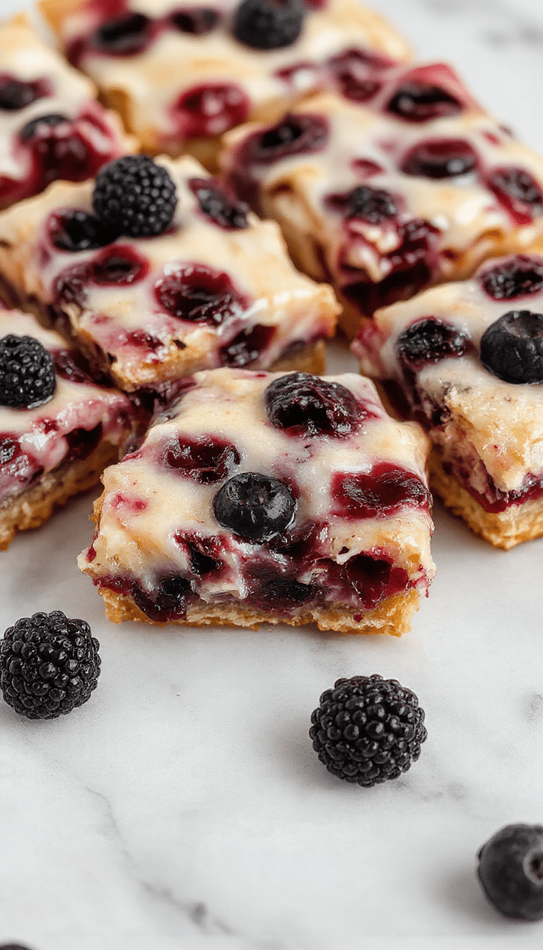 Colorful blueberry cream cheese bars on a rustic white plate, topped with fresh blueberries and powdered sugar, with a caramel drizzle; golden crust, creamy filling, vibrant berries, styled with mint leaves for an inviting look.