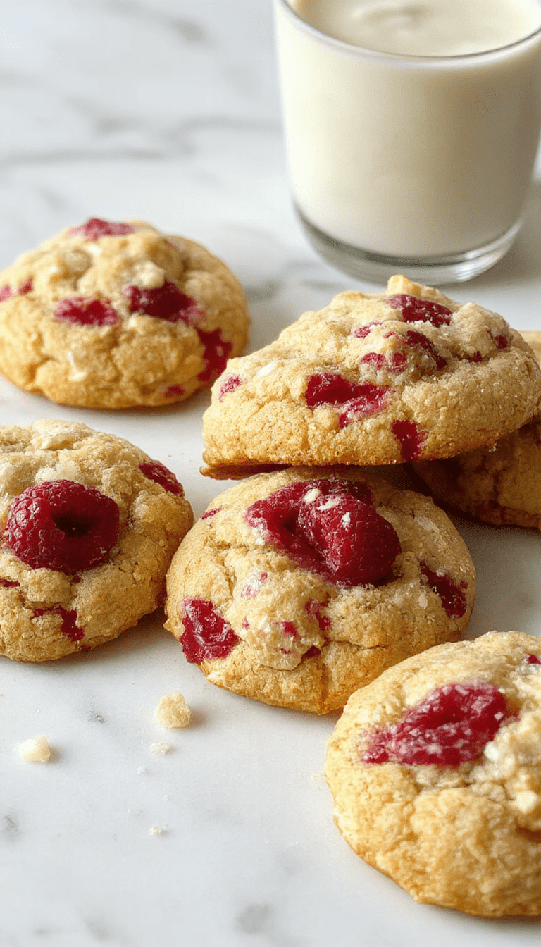 A close-up of buttery raspberry crumble cookies on a rustic wooden plate, garnished with fresh raspberries and a dusting of powdered sugar, showcasing their golden-brown edges, vibrant red raspberries, and crumbly topping textures.