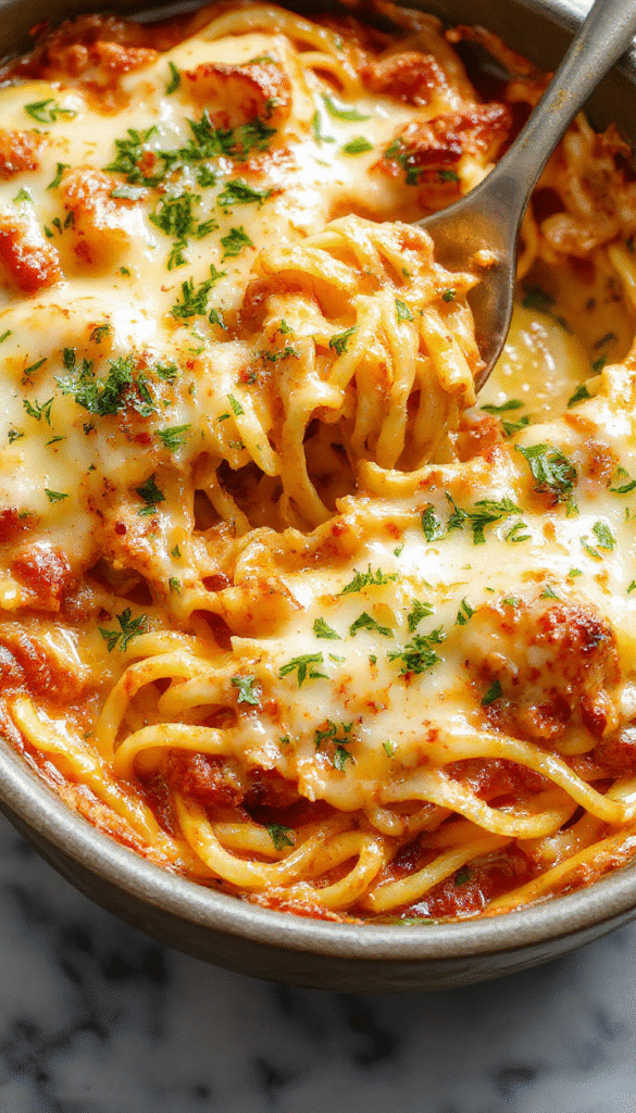 A vibrant plate of creamy southern spaghetti bake showcasing golden melted cheese on top, mixed with tender spaghetti, served in a rustic dish with fresh herbs and a side salad, all under warm, inviting lighting that highlights the rich textures and colorful ingredients.