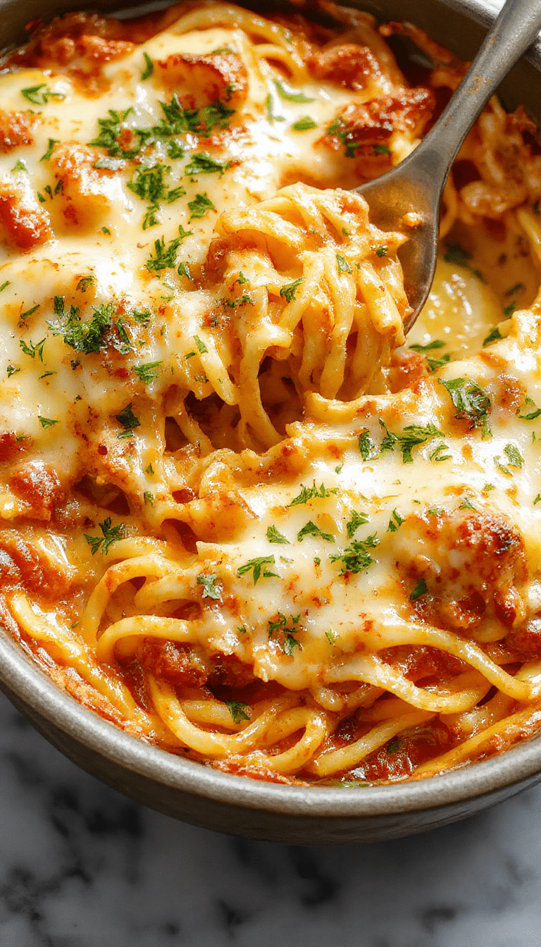 A vibrant plate of creamy southern spaghetti bake showcasing golden melted cheese on top, mixed with tender spaghetti, served in a rustic dish with fresh herbs and a side salad, all under warm, inviting lighting that highlights the rich textures and colorful ingredients.
