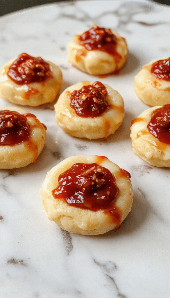 Colorful close-up of golden-brown mini savory pastries with a cheesy filling, topped with vibrant red hot pepper jelly, arranged on a rustic wooden platter with fresh herbs for garnish, showcasing a glossy, textured surface and appealing bite-sized portions
