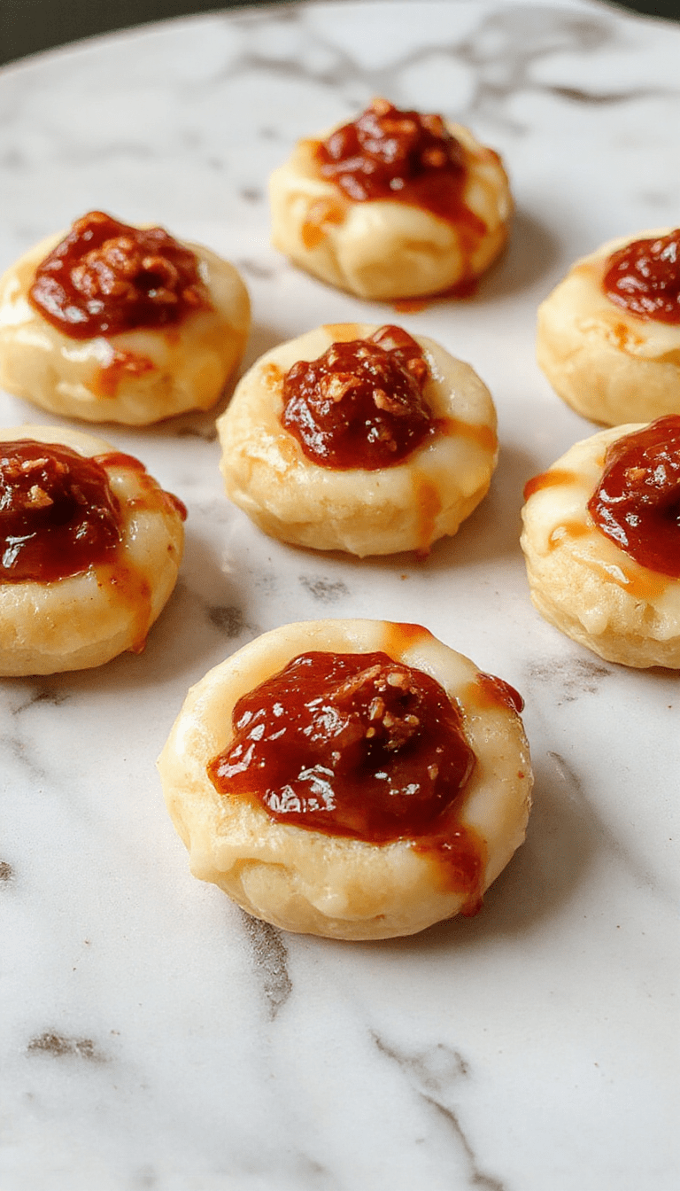 Colorful close-up of golden-brown mini savory pastries with a cheesy filling, topped with vibrant red hot pepper jelly, arranged on a rustic wooden platter with fresh herbs for garnish, showcasing a glossy, textured surface and appealing bite-sized portions
