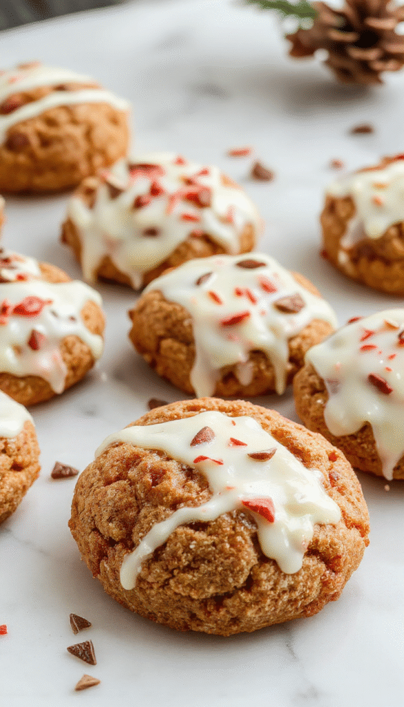 Colorful festive scene featuring golden brown chewy maple cookies partially dipped in smooth white chocolate, topped with red and green sprinkles, arranged on a white plate with holiday decorations in the background, creating a warm, seasonal atmosphere with rich textures and vibrant colors.