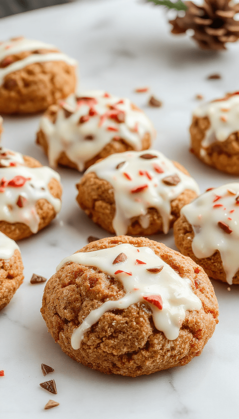 Colorful festive scene featuring golden brown chewy maple cookies partially dipped in smooth white chocolate, topped with red and green sprinkles, arranged on a white plate with holiday decorations in the background, creating a warm, seasonal atmosphere with rich textures and vibrant colors.