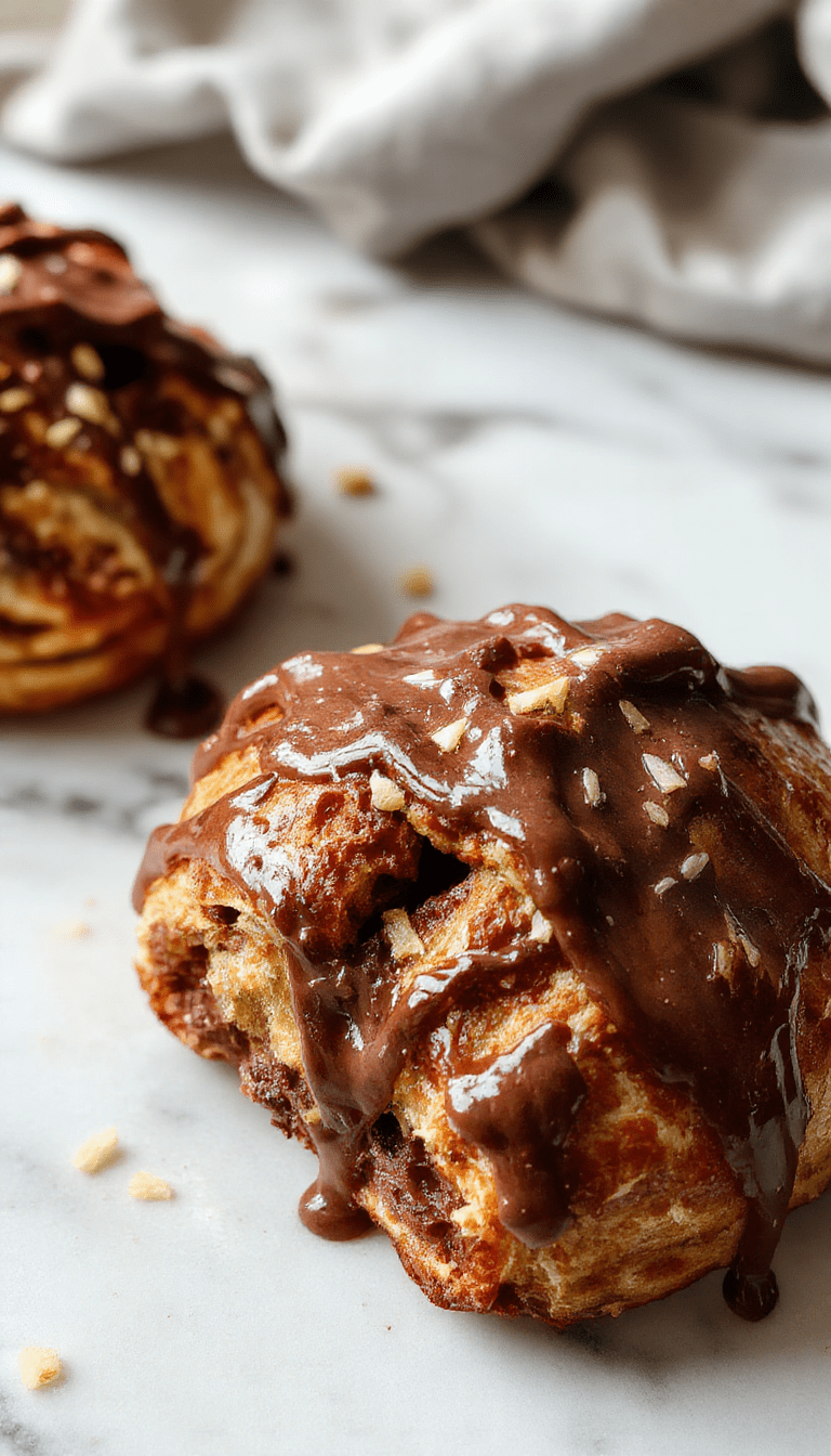 A golden-brown chocolate croissant breakfast bake garnished with powdered sugar and fresh berries, served in a rustic white dish. The bake has a flaky, crispy crust with gooey chocolate filling visible from the cut sections. Light steam rises from the hot dish, set on a wooden table with a side of fresh fruit and a cup of coffee, creating an inviting breakfast scene with warm and vibrant tones.