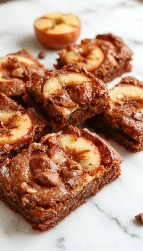 A close-up of a plate of rich, fudgy apple brownies topped with chopped toasted pecans and a dusting of powdered sugar, vibrant caramel sauce drizzled over, set on a rustic wooden table with autumn leaves in the background, highlighting warm tones and textured surfaces.