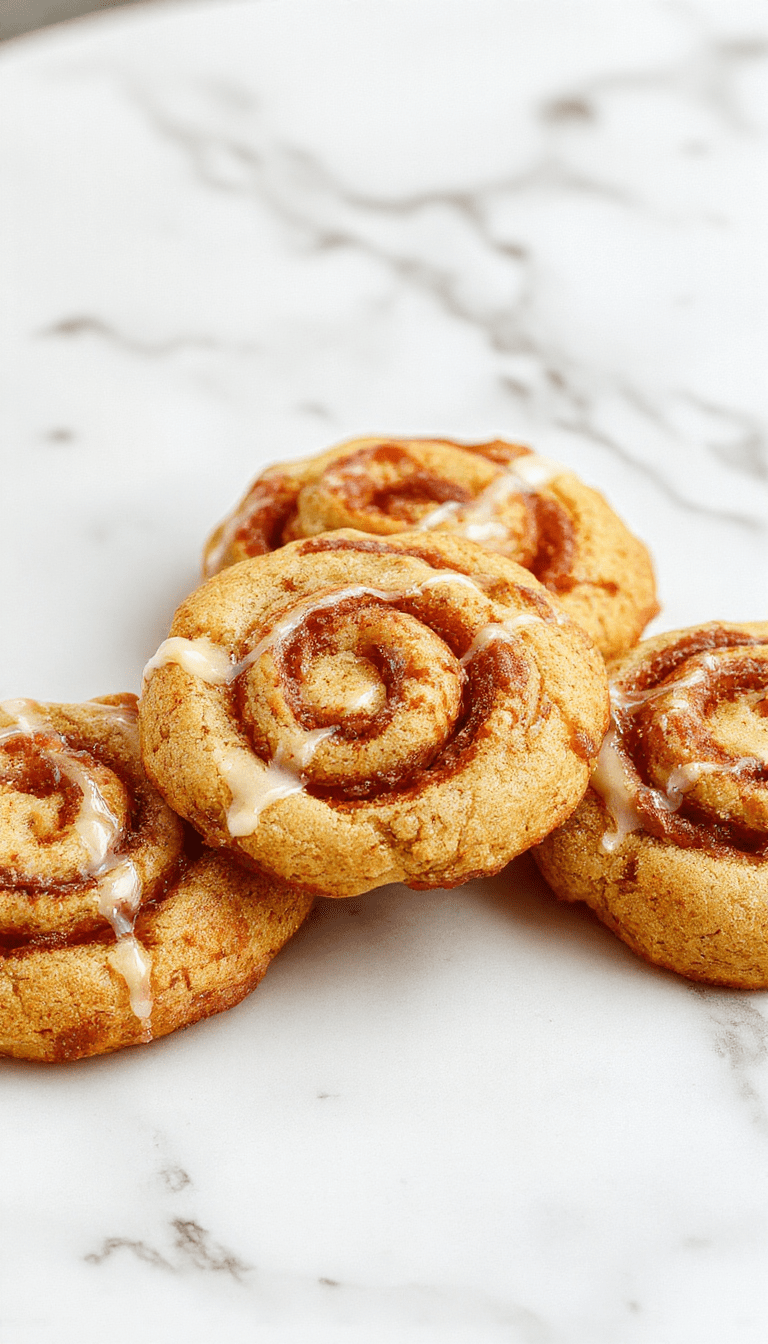 A close-up of golden-brown cinnamon roll cookies with visible swirls of cinnamon and sugar, arranged on a rustic wooden plate, topped with a drizzle of icing. The cookies exhibit a soft yet slightly crispy texture, with a warm inviting glow from natural lighting, styled with a few cinnamon sticks and powdered sugar dusting for an inviting, homemade presentation.