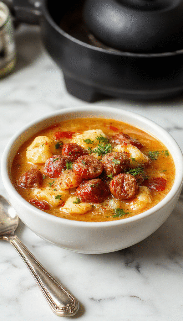 A steaming bowl of hearty autumn tortellini soup with sliced sausage, vibrant orange and green vegetables, topped with fresh herbs and a swirl of cream, presented in a rustic white bowl on a wooden table with fall leaves in the background.