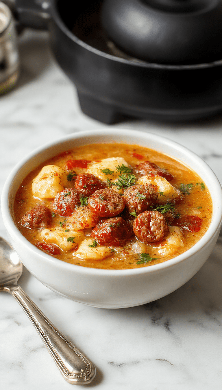 A steaming bowl of hearty autumn tortellini soup with sliced sausage, vibrant orange and green vegetables, topped with fresh herbs and a swirl of cream, presented in a rustic white bowl on a wooden table with fall leaves in the background.