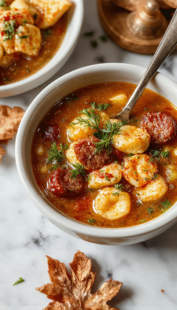 A warm bowl of autumn tortellini soup with colorful fall vegetables, topped with sliced sausage and fresh herbs, served on a rustic wooden table, with steam rising, highlighting the vibrant orange and green hues, garnished with grated cheese and a sprig of thyme.